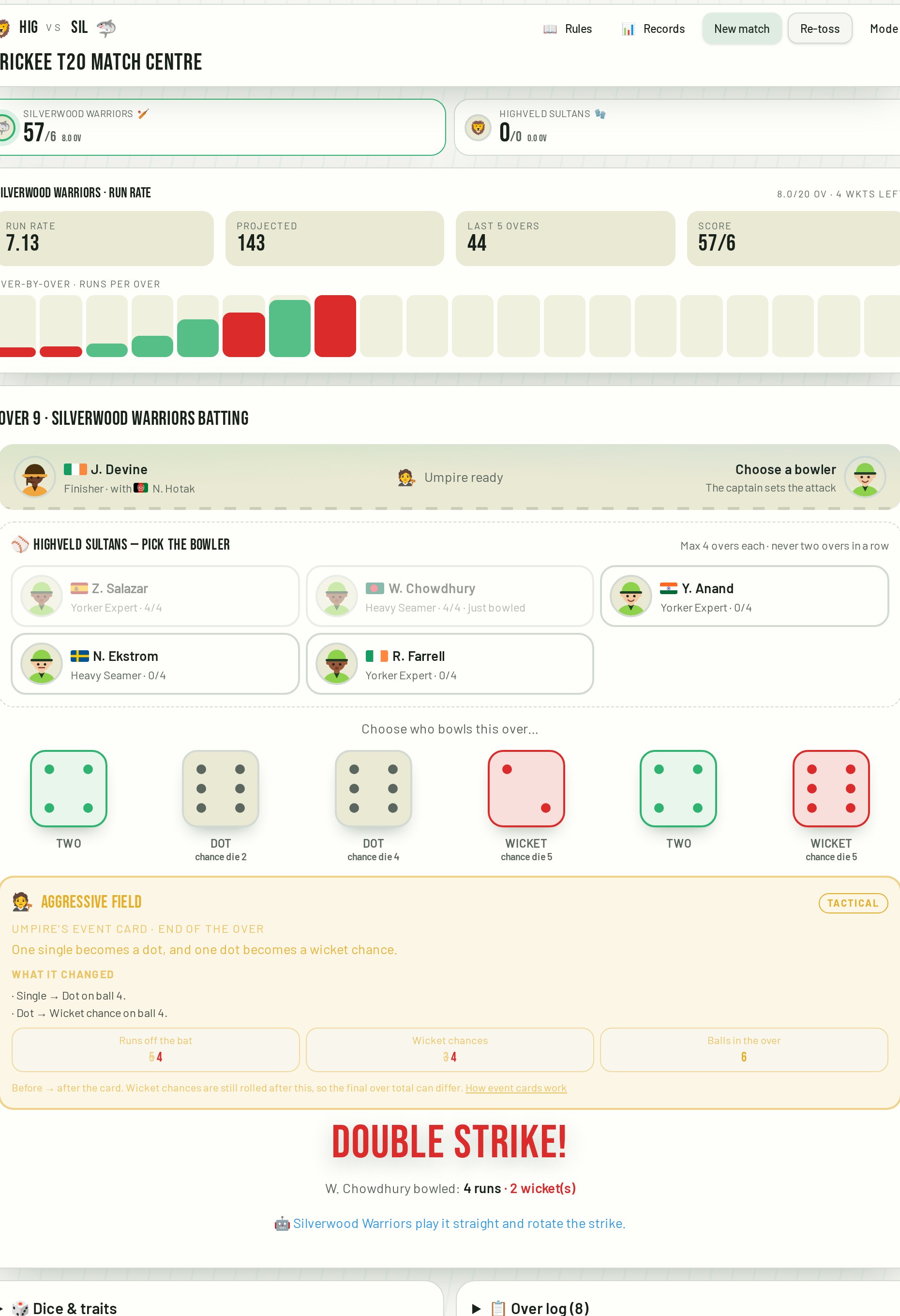 Crickee scorecard mid-match: Silverwood Warriors 57 for 6 after 8 overs, six dice showing two, dot, dot, wicket, two and wicket, with an Aggressive Field event card.